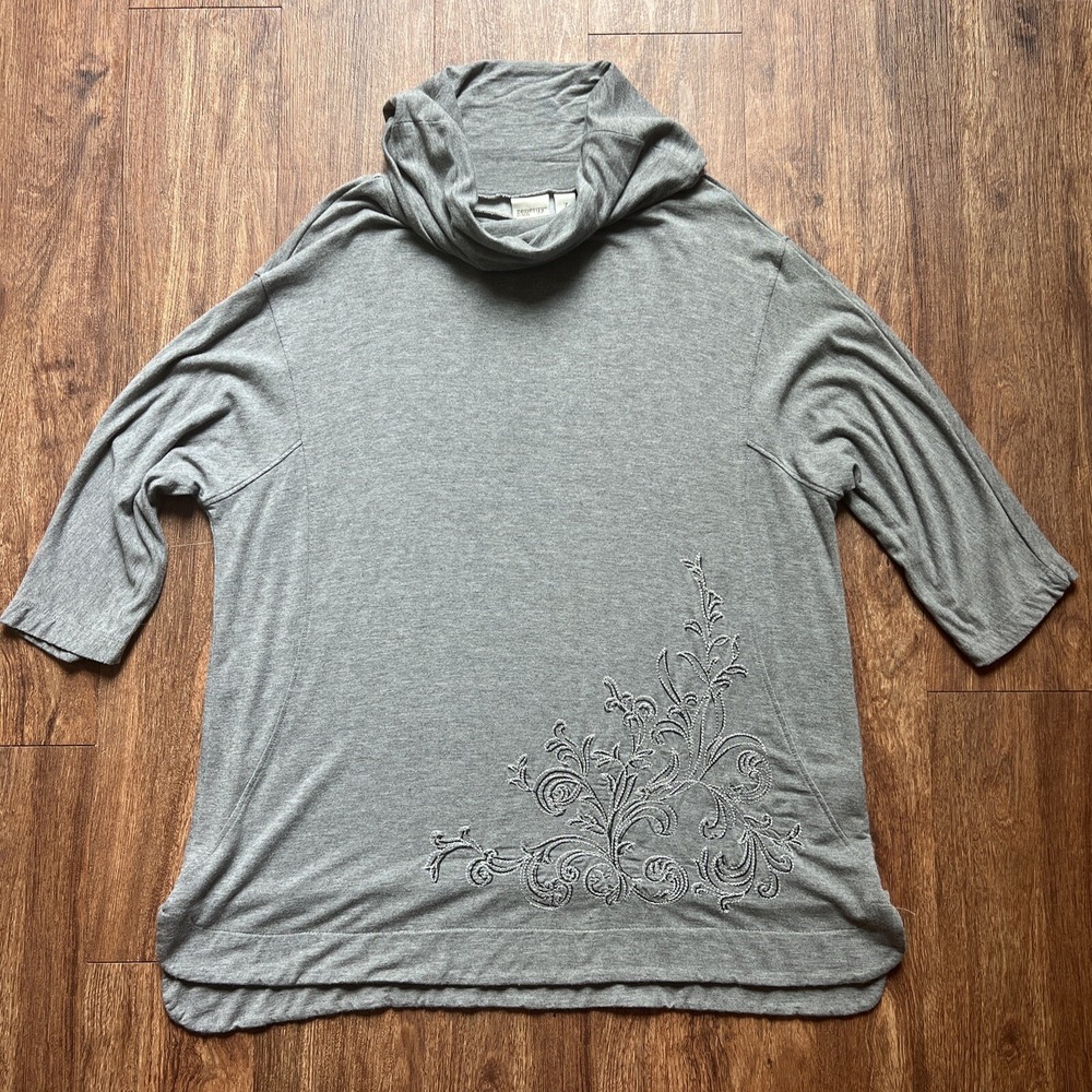 Zenergy by Chico's Women's Cowl Neck Tunic Gray 3 (XL/16) Embroidered Knit Top